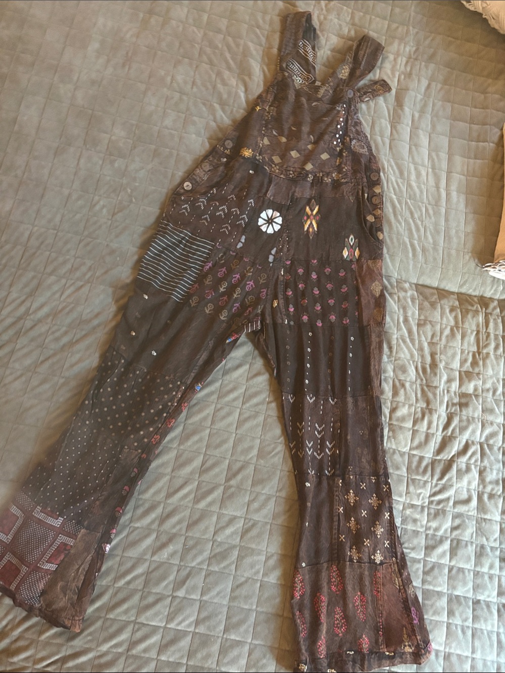 Blue Sky Brown Patchwork Boho Cotton Jumpsuit Romper